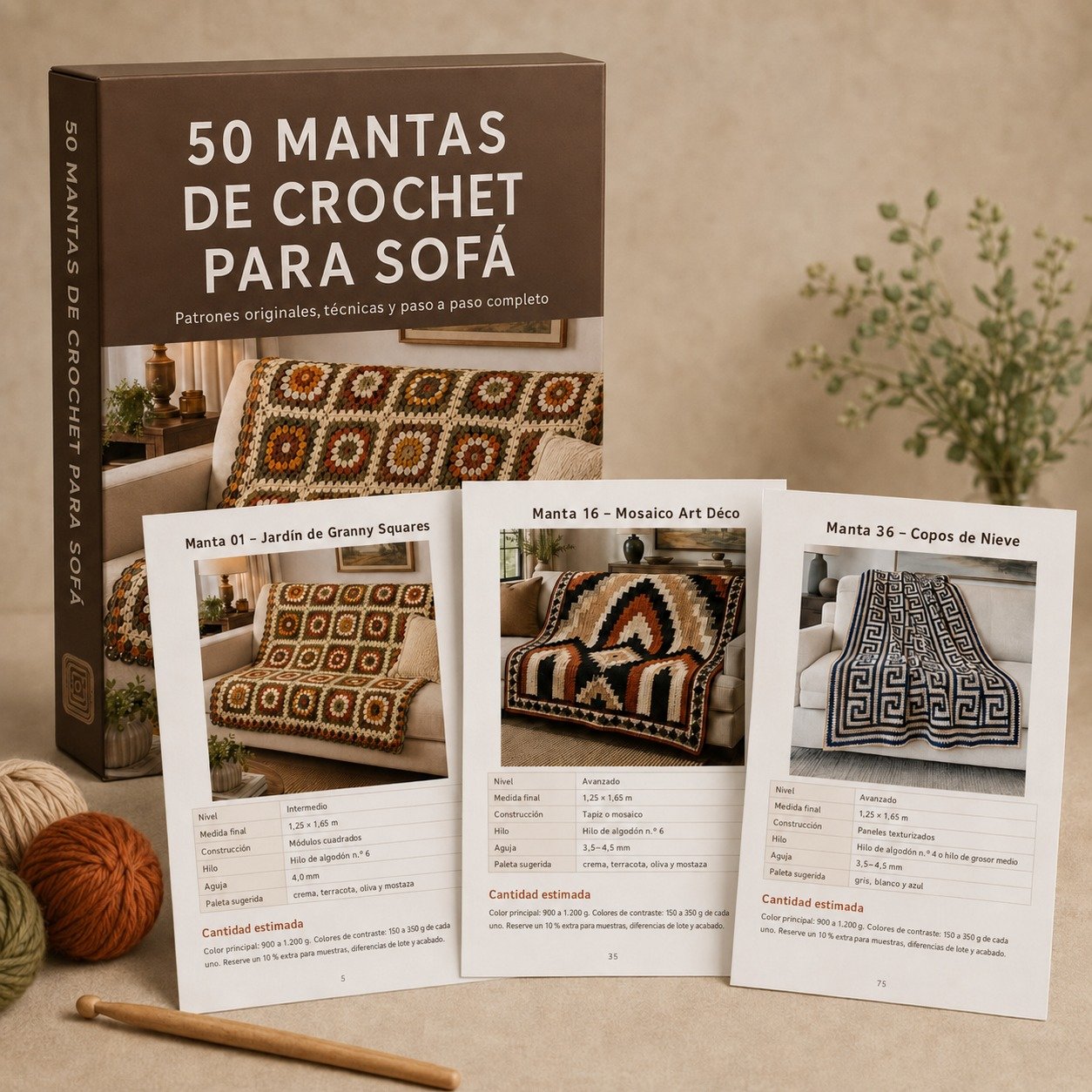 Caja de la guía 50 Mantas para Sofá en Crochet con páginas del PDF
